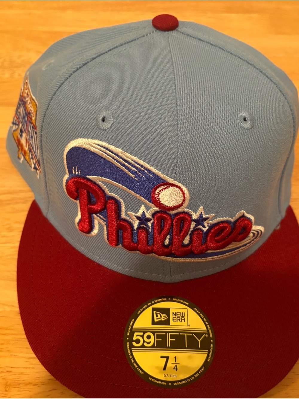 NEW Philadelphia Phillies New Era Size 7 1/4 Cap Hat Light Blue Maroon Red MLB